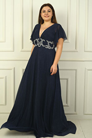 Kadın Ön Arka V Yaka Beli Taş İşlemeli Astarlı Simli Büyük Beden Abiye Elbise