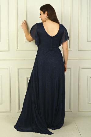 Kadın Ön Arka V Yaka Beli Taş İşlemeli Astarlı Simli Büyük Beden Abiye Elbise