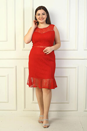 Kadın Önü Boncuk İşlemeli Eteği Volanlı Astarlı Büyük Beden Dantel Elbise