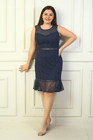 Kadın Önü Boncuk İşlemeli Eteği Volanlı Astarlı Büyük Beden Dantel Elbise