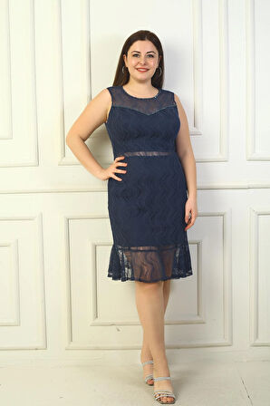 Kadın Önü Boncuk İşlemeli Eteği Volanlı Astarlı Büyük Beden Dantel Elbise