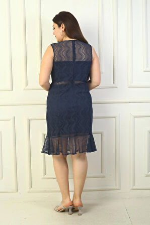 Kadın Önü Boncuk İşlemeli Eteği Volanlı Astarlı Büyük Beden Dantel Elbise