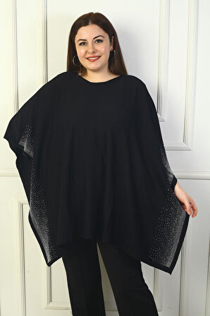 Kadın Yanları Taş İşlemeli Büyük Beden Panço