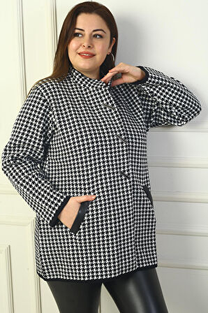 Kadın Önü Çıtçıtlı Cepleri Deri Detaylı Kazayağı Büyük Beden Akrilik Hırka