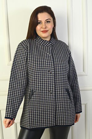 Kadın Önü Çıtçıtlı Cepleri Deri Detaylı Kazayağı Büyük Beden Akrilik Hırka