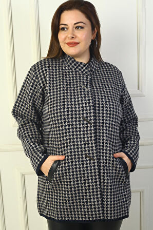 Kadın Önü Çıtçıtlı Cepleri Deri Detaylı Kazayağı Büyük Beden Akrilik Hırka