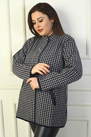 Kadın Önü Çıtçıtlı Cepleri Deri Detaylı Kazayağı Büyük Beden Akrilik Hırka