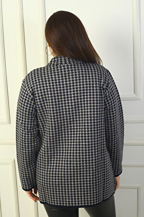 Kadın Önü Çıtçıtlı Cepleri Deri Detaylı Kazayağı Büyük Beden Akrilik Hırka