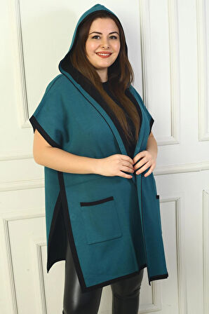 Kadın Yanı Düğme Detaylı Kapüşonlu Arkası Desenli Büyük Beden Panço