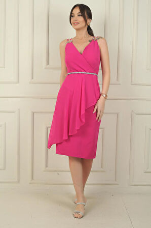 Kadın Çift İp Askılı Üstü Şifon Kemerli Kısa Krep Elbise