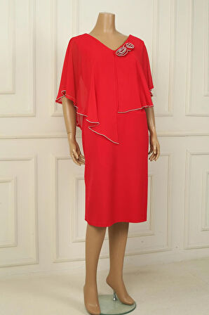 Kadın Ön Arka V Yaka Üstü Şifon Taş Detaylı Güllü Büyük Beden Krep Kısa Elbise