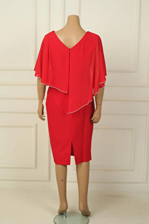 Kadın Ön Arka V Yaka Üstü Şifon Taş Detaylı Güllü Büyük Beden Krep Kısa Elbise