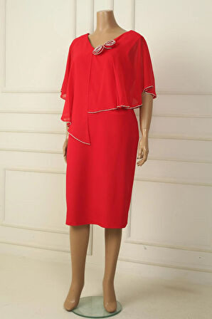 Kadın Ön Arka V Yaka Üstü Şifon Taş Detaylı Güllü Büyük Beden Krep Kısa Elbise