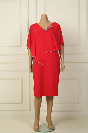 Kadın Ön Arka V Yaka Üstü Şifon Taş Detaylı Güllü Büyük Beden Krep Kısa Elbise