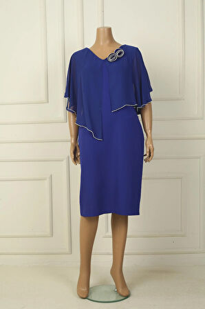 Kadın Ön Arka V Yaka Üstü Şifon Taş Detaylı Güllü Büyük Beden Krep Kısa Elbise