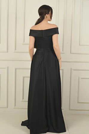 Kadın Madonna Yaka Önü Büzgülü Astarlı Pelerinli Saten Uzun Elbise