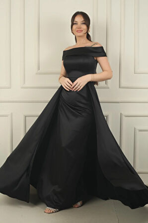 Kadın Madonna Yaka Önü Büzgülü Astarlı Pelerinli Saten Uzun Elbise