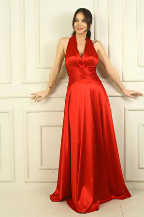 Kadın V Yaka Sırt Dekolteli Üstü Piliseli Örme Saten Uzun Elbise