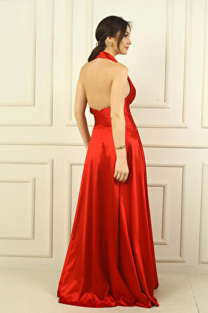 Kadın V Yaka Sırt Dekolteli Üstü Piliseli Örme Saten Uzun Elbise