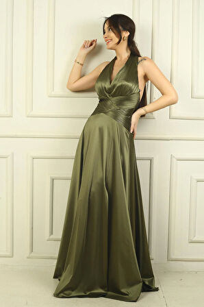 Kadın V Yaka Sırt Dekolteli Üstü Piliseli Örme Saten Uzun Elbise