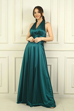 Kadın V Yaka Sırt Dekolteli Üstü Piliseli Örme Saten Uzun Elbise