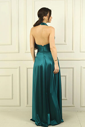 Kadın V Yaka Sırt Dekolteli Üstü Piliseli Örme Saten Uzun Elbise