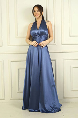 Kadın V Yaka Sırt Dekolteli Üstü Piliseli Örme Saten Uzun Elbise