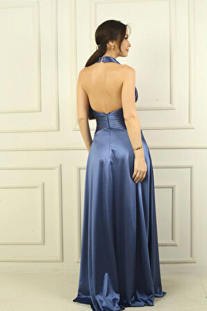 Kadın V Yaka Sırt Dekolteli Üstü Piliseli Örme Saten Uzun Elbise