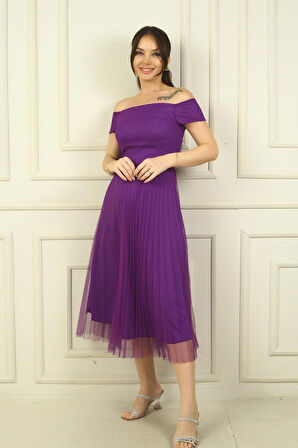 Madonna Yaka Astarlı Eteği Şifon Pilisoley Elbise