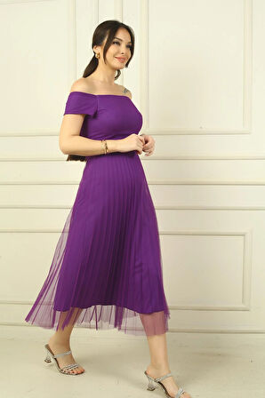 Madonna Yaka Astarlı Eteği Şifon Pilisoley Elbise