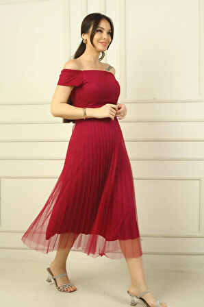 Madonna Yaka Astarlı Eteği Şifon Pilisoley Elbise