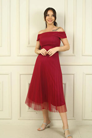 Madonna Yaka Astarlı Eteği Şifon Pilisoley Elbise