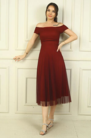 Madonna Yaka Astarlı Eteği Şifon Pilisoley Elbise