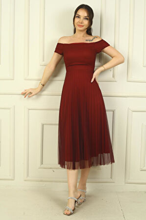 Madonna Yaka Astarlı Eteği Şifon Pilisoley Elbise