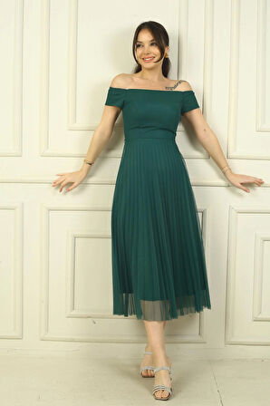 Madonna Yaka Astarlı Eteği Şifon Pilisoley Elbise