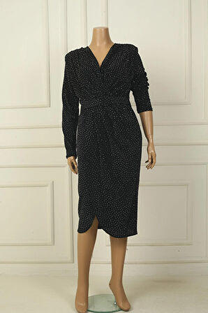 Kadın ruvaze Yaka Beli Kemerli Astarlı Taşlı Büyük Beden Midi Elbise