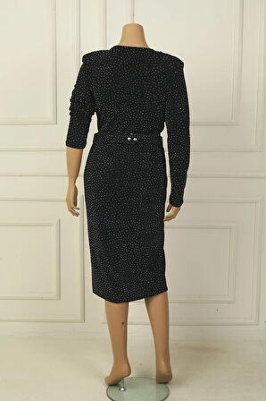 Kadın ruvaze Yaka Beli Kemerli Astarlı Taşlı Büyük Beden Midi Elbise