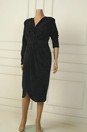 Kadın ruvaze Yaka Beli Kemerli Astarlı Taşlı Büyük Beden Midi Elbise