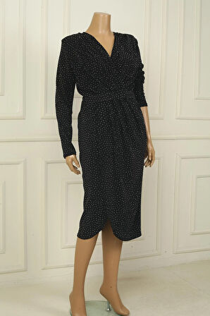 Kadın ruvaze Yaka Beli Kemerli Astarlı Taşlı Büyük Beden Midi Elbise