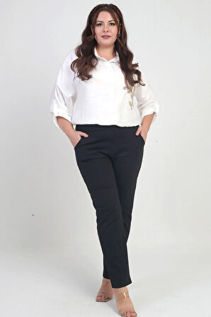 Kadın Beli Lastikli Yandan Cepli  Full Likra Çelik Klasik Paça Büyük Beden Pantolon