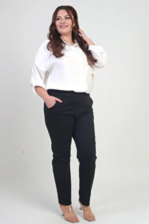 Kadın Beli Lastikli Yandan Cepli  Full Likra Çelik Klasik Paça Büyük Beden Pantolon