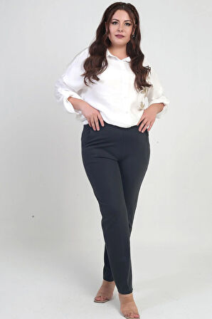 Kadın Beli Lastikli Yandan Cepli  Full Likra Çelik Klasik Paça Büyük Beden Pantolon