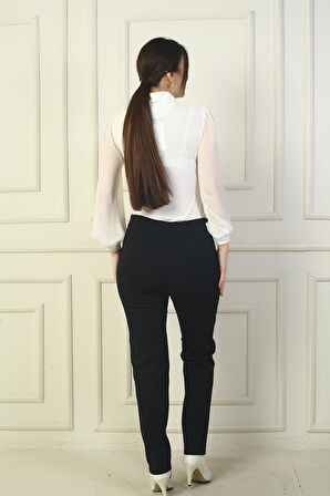 Kadın Beli Lastikli Yandan Cepli Çımalı Full Likra Çelik Klasik Paça Pantolon