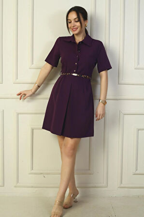 Önü Düğmeli Kısa Kol Kemerli A Pile Elbise