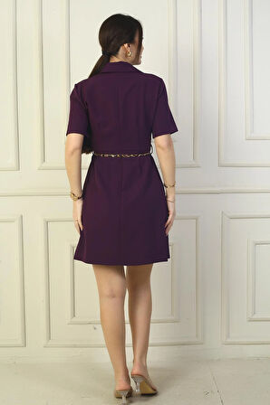 Önü Düğmeli Kısa Kol Kemerli A Pile Elbise