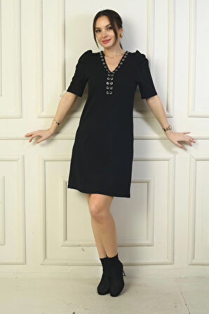 Kadın Yaka Detaylı Kısa Karpuz Kollu Kısa Elbise