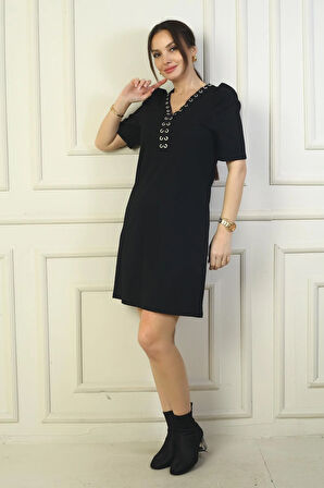 Kadın Yaka Detaylı Kısa Karpuz Kollu Kısa Elbise