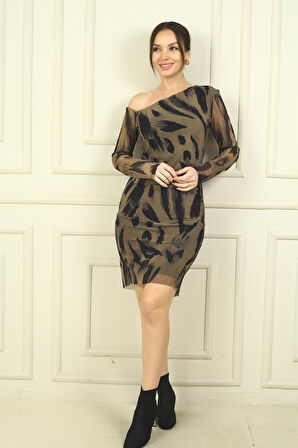 Kadın Asimetrik Yaka Astarlı Fırça Desen Leopar Desenli Kısa Tül Elbise