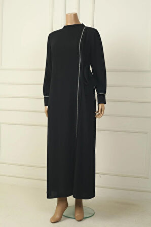 Kadın Kol Uçları Fermuarlı Taş Detaylı Yandan Bağlamalı Büyük Beden Uzun Krep Elbise