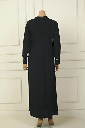 Kadın Kol Uçları Fermuarlı Taş Detaylı Yandan Bağlamalı Büyük Beden Uzun Krep Elbise